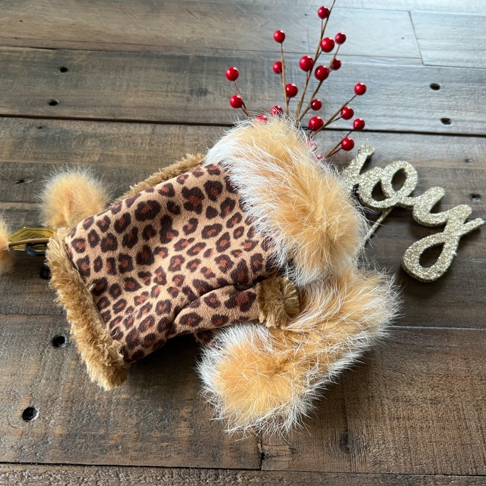 Animal Print Fingerless Gloves with Fur Trim NWT